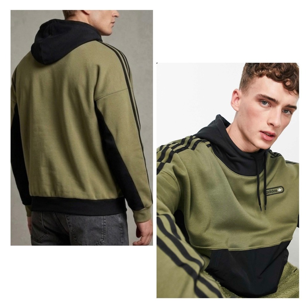Adidas Originals Mens Hoodie Medium Olive Green Black Fleece Pullover H31295